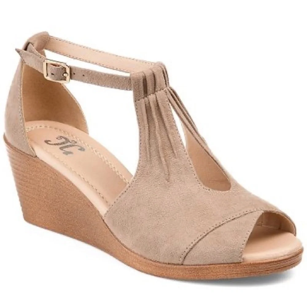Journee Women’s Wedge Peep Toe Sandals - NIB - Picture 1 of 7